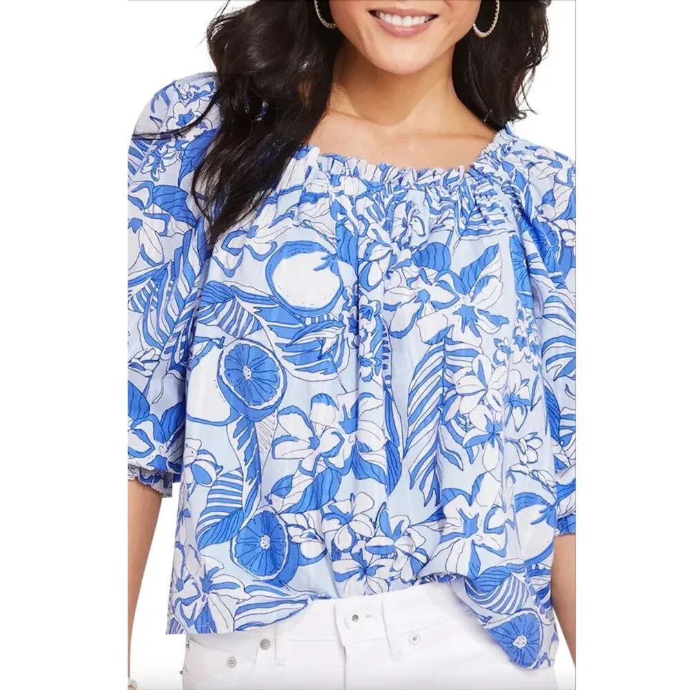 Vineyard Vines Painted Palm Beach Smocked Top XS On/Off Shoulder - Picture 1 of 7